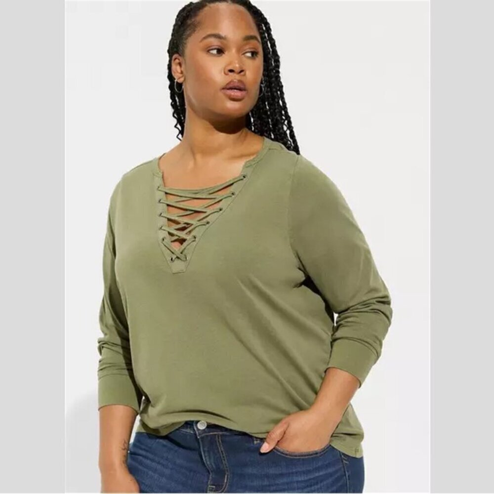 Torrid - Vintage Cotton Jersey Lace Up Long Sleeve Tee in Olivine Green​​​​​​